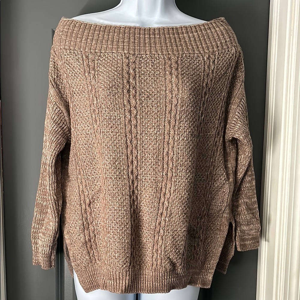 Off the shoulder Tan Cable Knit Sweater